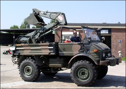 1976 Unimog 406 Military Soft Top with Back Hoe (Erdarbeitsgeraet, excavator, earth mover, SEE)